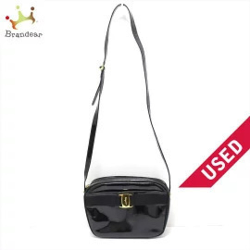 Salvatore Ferragamo Vara Shoulder Bag Ribbon Black Enamel Leather